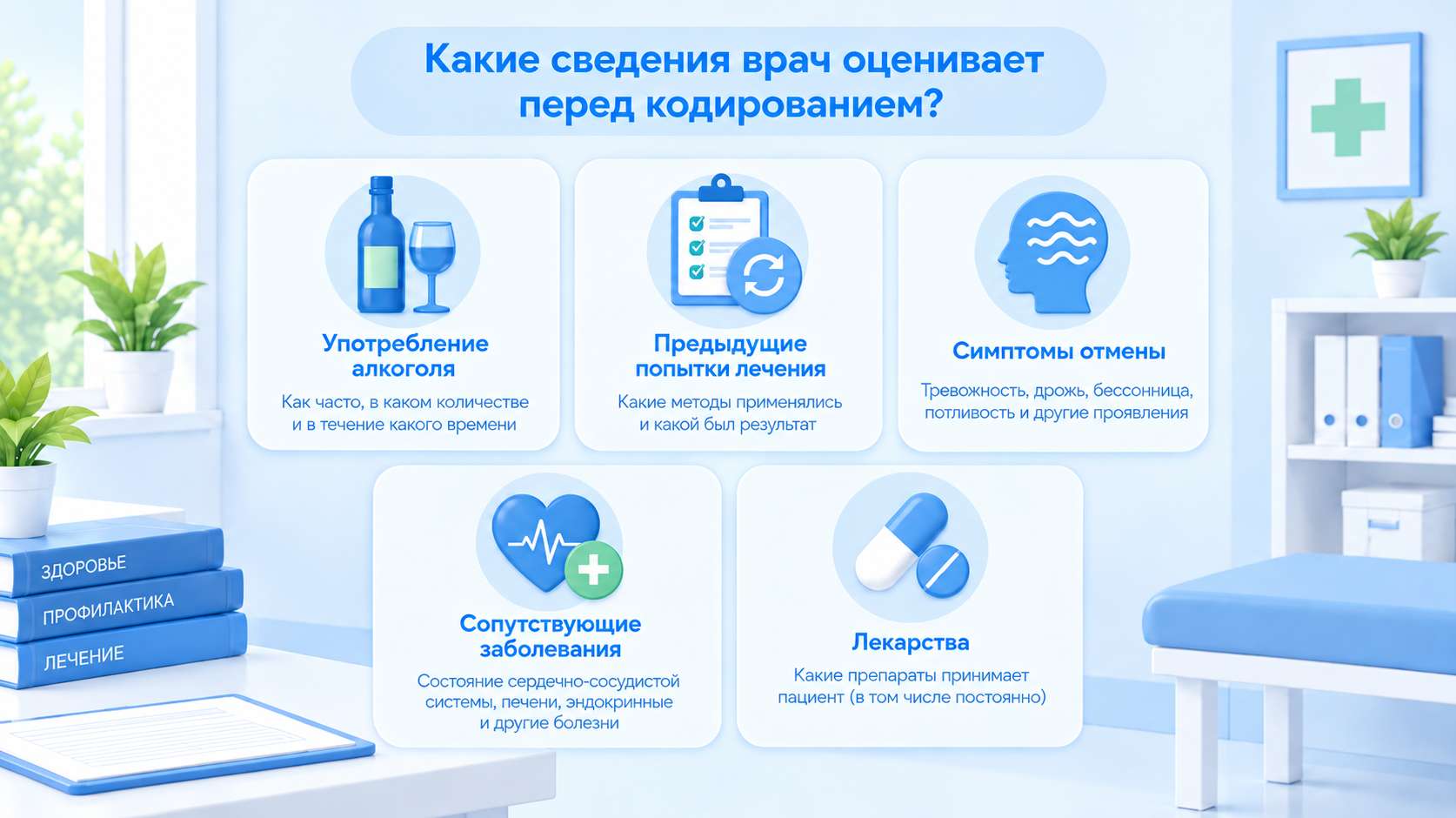 Инфографика о сведениях, которые врач оценивает перед кодированием: употребление алкоголя, предыдущие попытки лечения, симптомы отмены, сопутствующие заболевания и принимаемые лекарства.